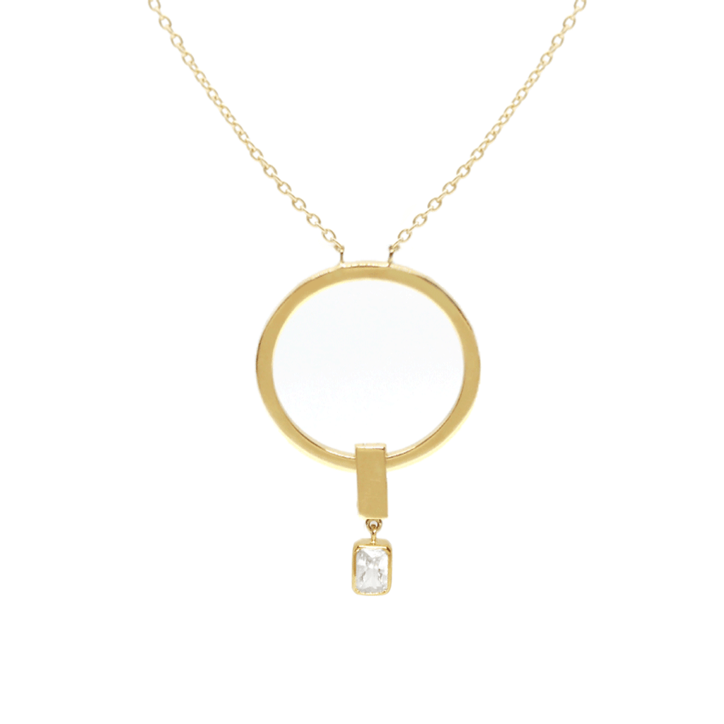 Golden round-pendant necklace with detachable emerald cut diamonds.  Gold Weight:18K Yellow gold Estimated Diamond Weight: 0.71 carat of diamonds