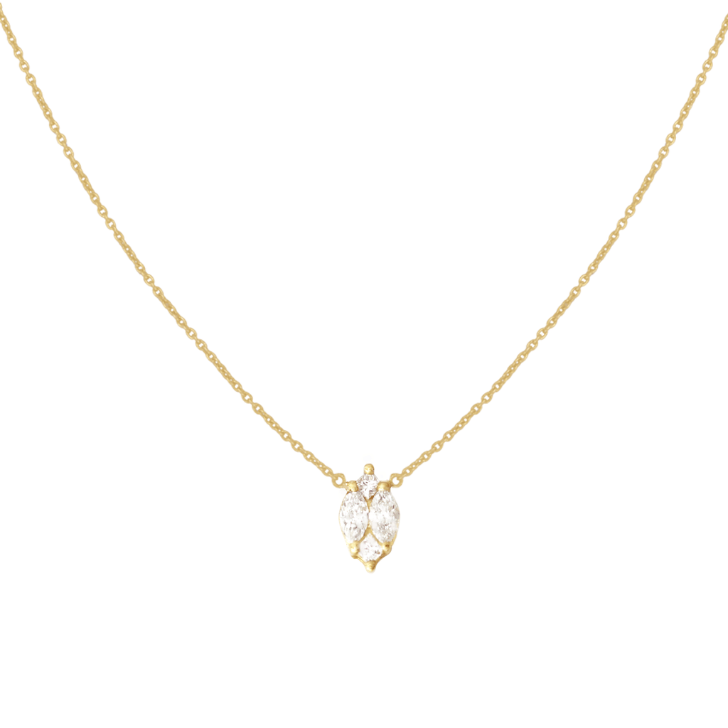 Two marquise white diamonds embellished with princess-cut white diamonds arranged to form a single sized marquise stone pendant set on yellow gold necklace.  Estimated Diamond Weight: 0.29 carat of diamond  Gold Weight: 18K Yellow gold